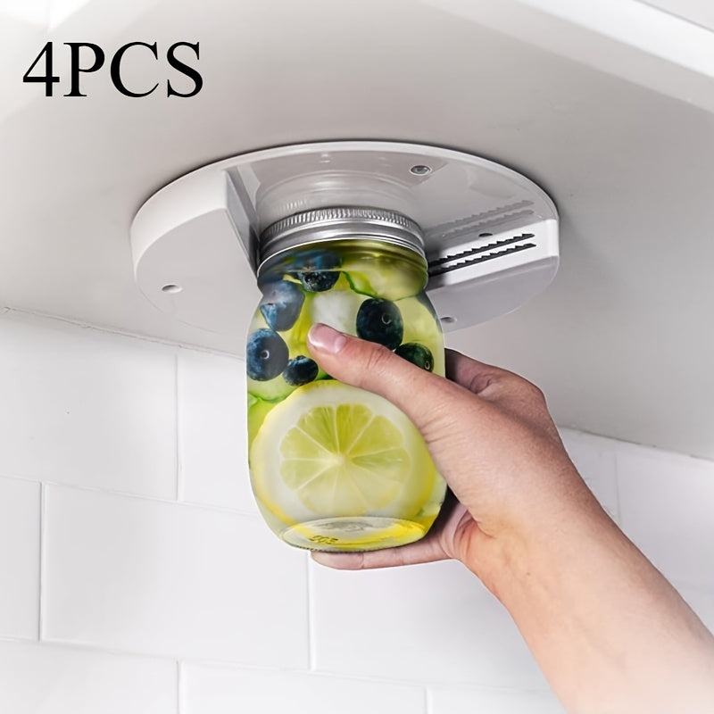 One-Piece EasyTwist Under Cabinet Jar Opener made of durable ABS material. This manual bottle lid remover allows for one-handed operation with no power required. A convenient kitchen tool for easy access to jars on the table.