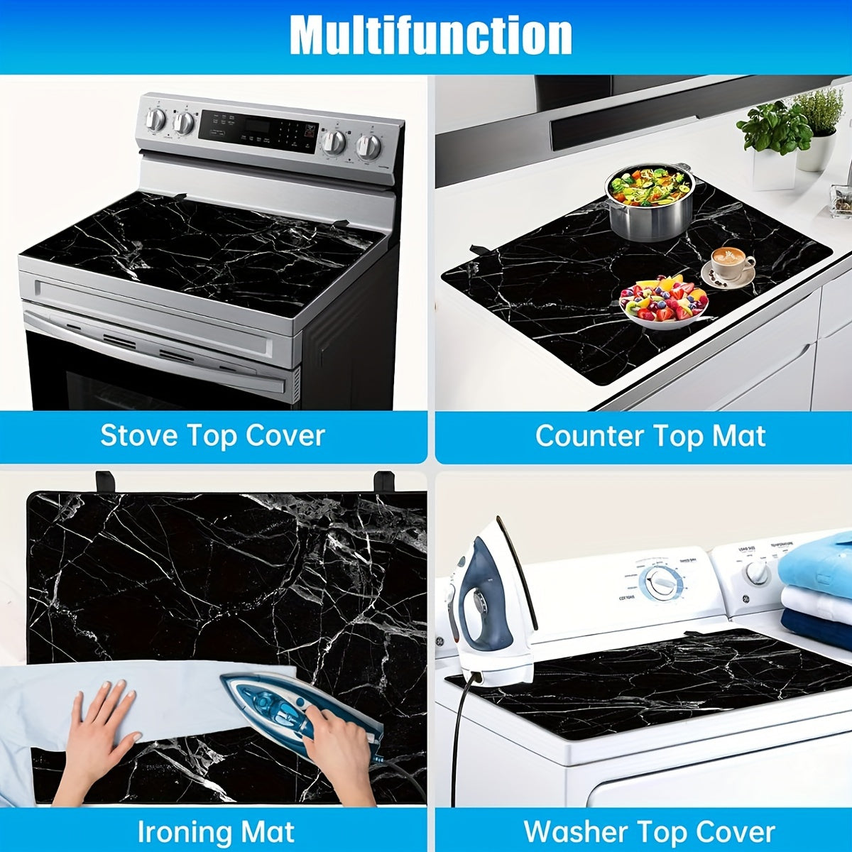 Protect your electric stove with this sleek Black Marble Stove Top Cover. Measuring 72.39x52.07cm, this heat-resistant glass protector is dishwasher safe and made from natural rubber. Perfect for your kitchen and dining area.