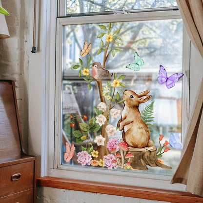 Decorate Your Home with Enchanting Forest Bunny & Bird Window Clings - Double-Sided, Reusable PVC Decals, 30.48cmx16