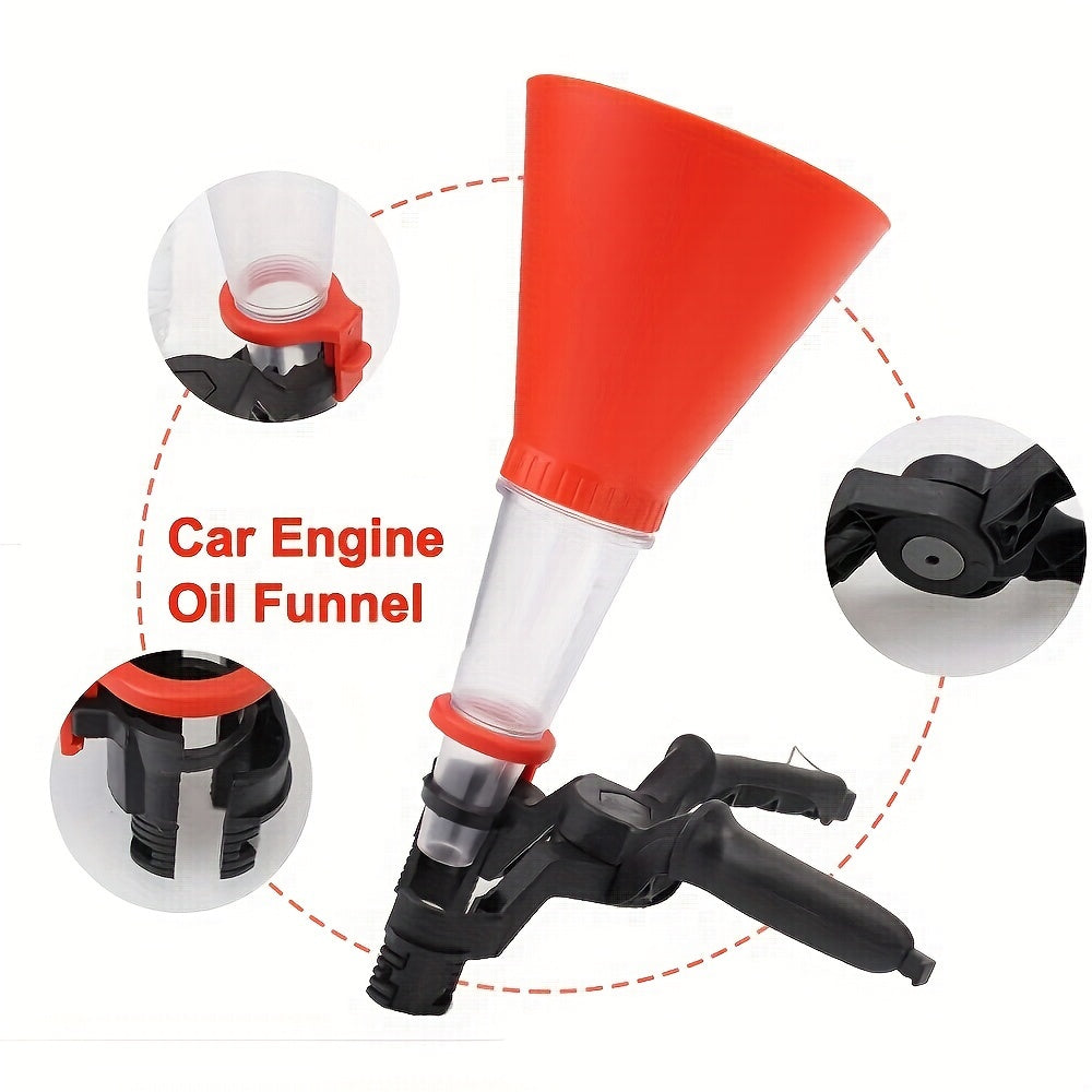 Universal funnel set for car engine oil filling, featuring adjustable width holding clamp and PVC plastic construction for versatile and efficient oil pouring.