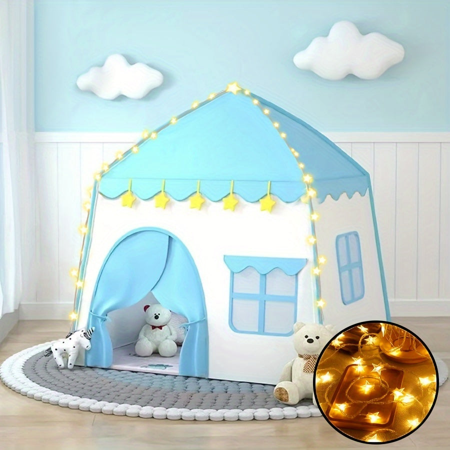 Blue floral play tent with starry lights for kids - perfect for indoor/outdoor play, made of sturdy polyester and PVC.