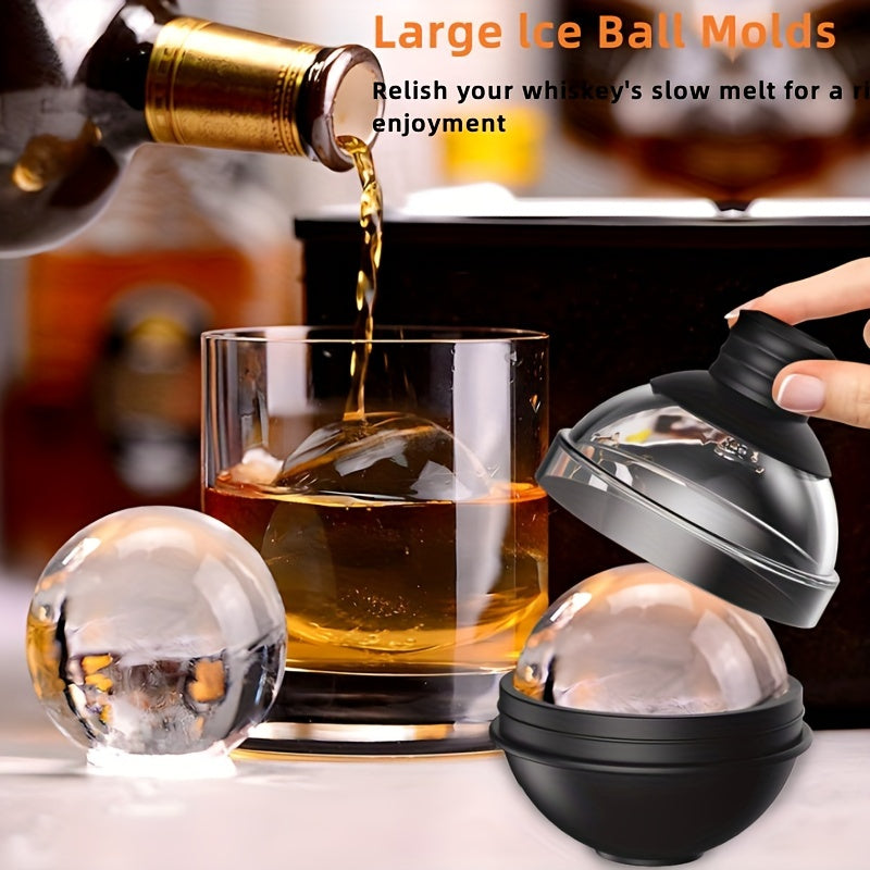 Large ice sphere molds made from silicone and polycarbonate with dual-function funnel lid for slow-melting ice balls. Perfect for bourbon and beverages at the bar.