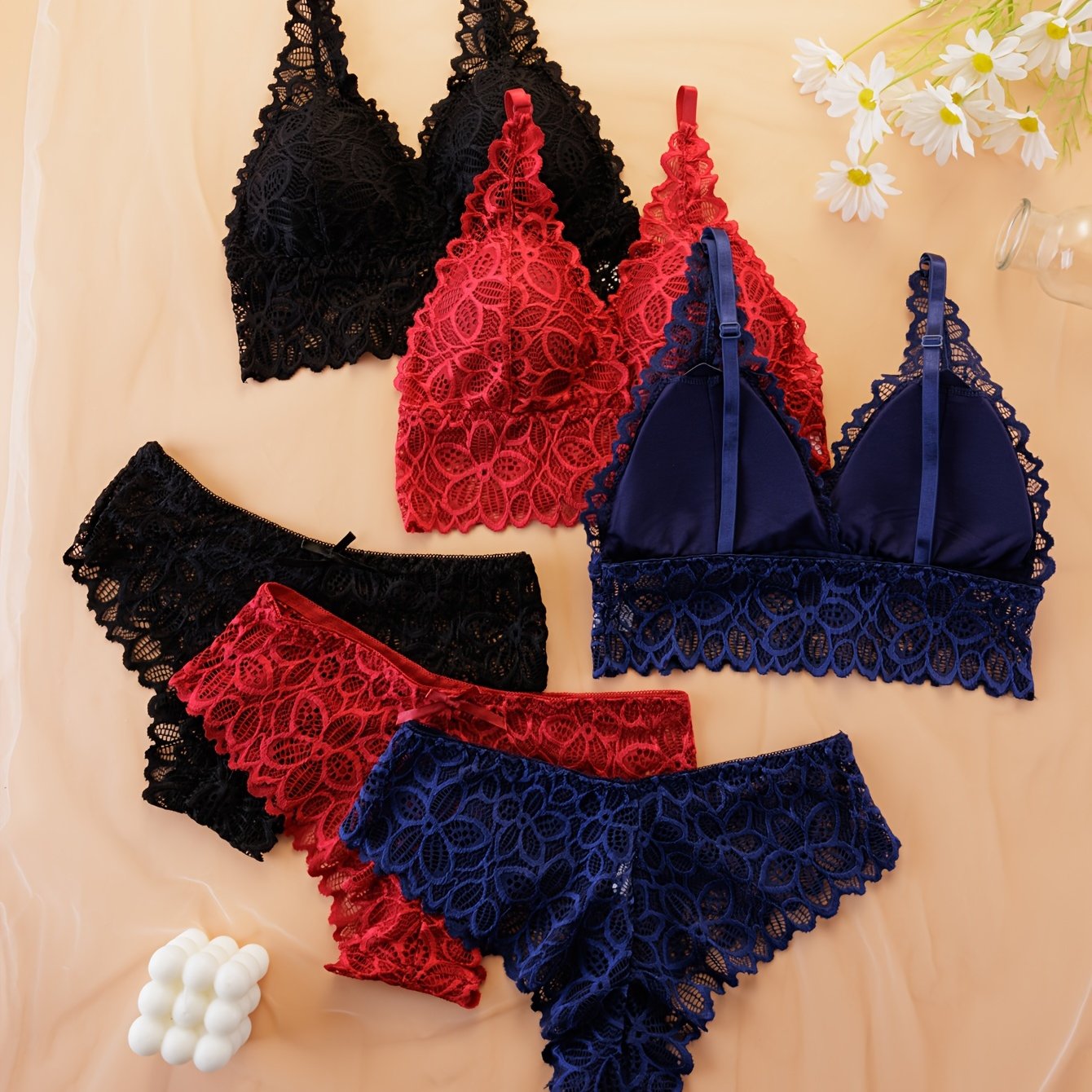 3-piece floral lace lingerie set with wireless bra and thong panties