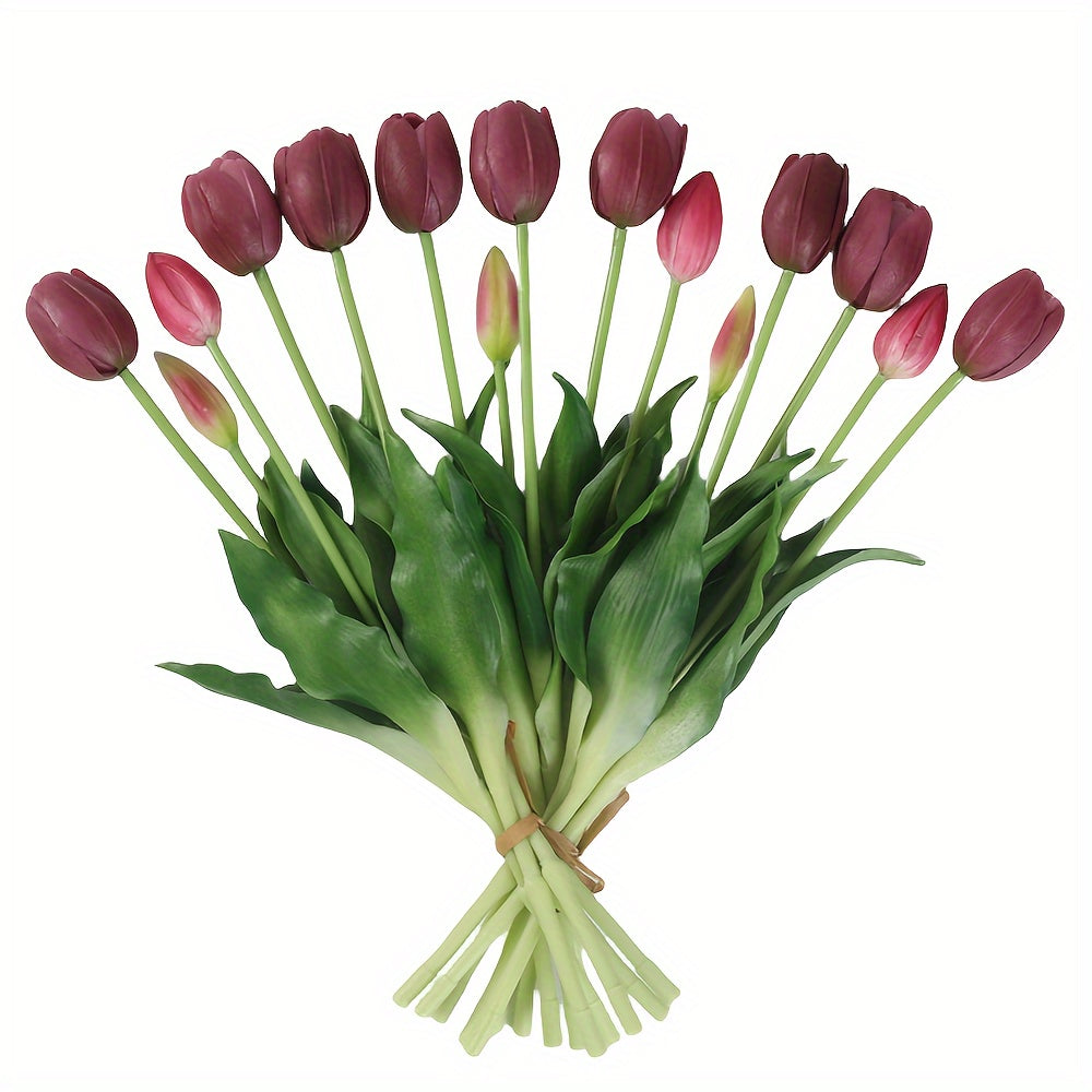 15pcs Real Touch Artificial Tulip Bouquet - Ideal for weddings, engagements, home, and garden decor. Vase not included.