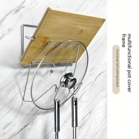 Wall-Mounted Kitchen Organizer made of Stainless Steel - Includes Hooks for Pot Lids and Cutting Boards, No Need for Drilling