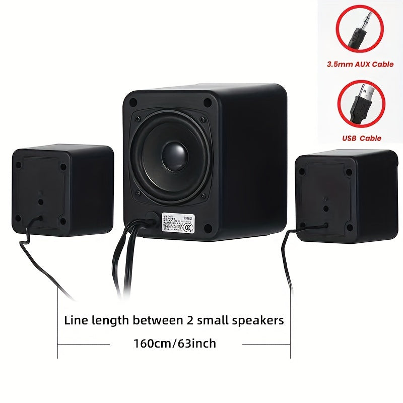 Desktop stereo speaker with LED lighting, compatible with devices with 3.5mm audio output.