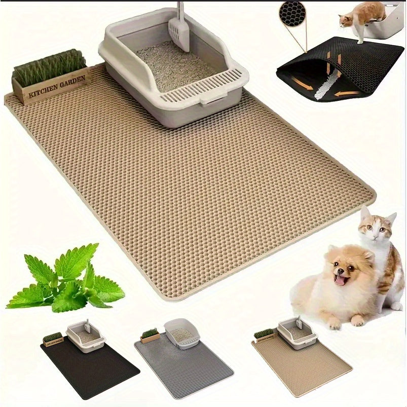 Double-layer cat litter mat with anti-scattering design, raised edges, and hexagonal grip surface. Easy to clean and fits all litter boxes.