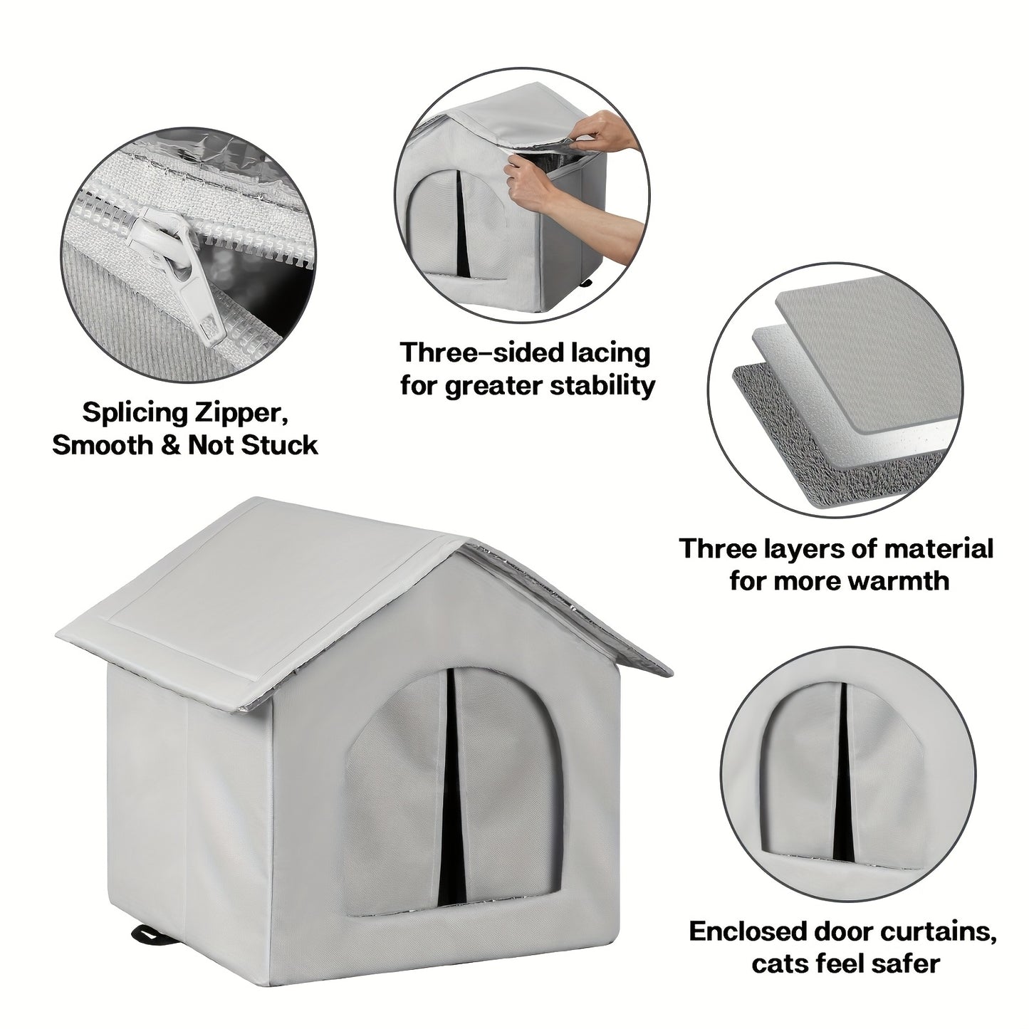 Waterproof cat house with sponge insulation, easy assembly, suitable for indoor and outdoor use for stray cats, small animals, and rabbits.