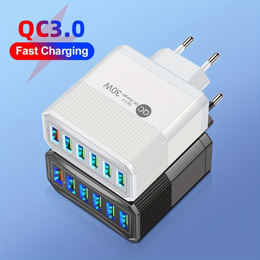 6-port USB wall adapter with 30W fast charging and QC 3.0, EU plug - ideal for mobile devices.