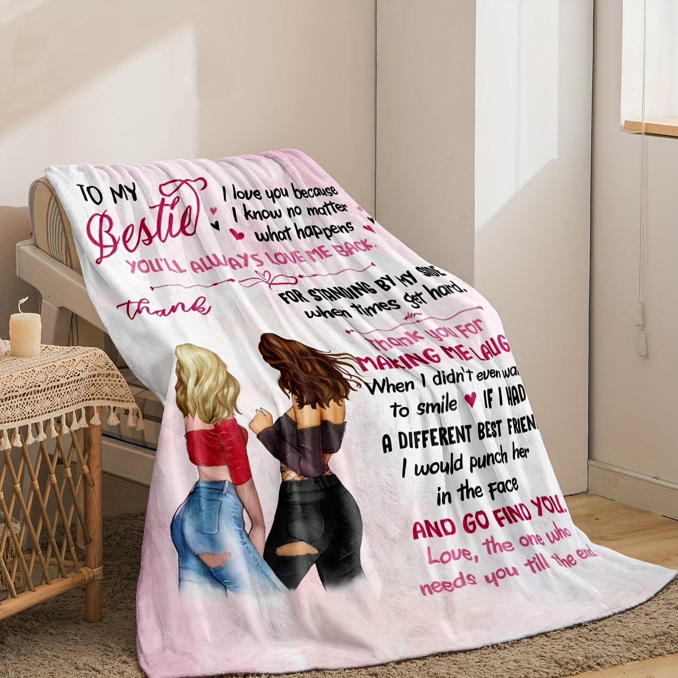 Soft Pink Flannel Bed Blanket with Contemporary Best Friend Theme - Digital Print, Reversible All Seasons Multipurpose Blanket for Machine Wash, Friendship Appreciation Design 'To My Bestie'. Soft Polyester Material for Knitted Bedroom Decor.