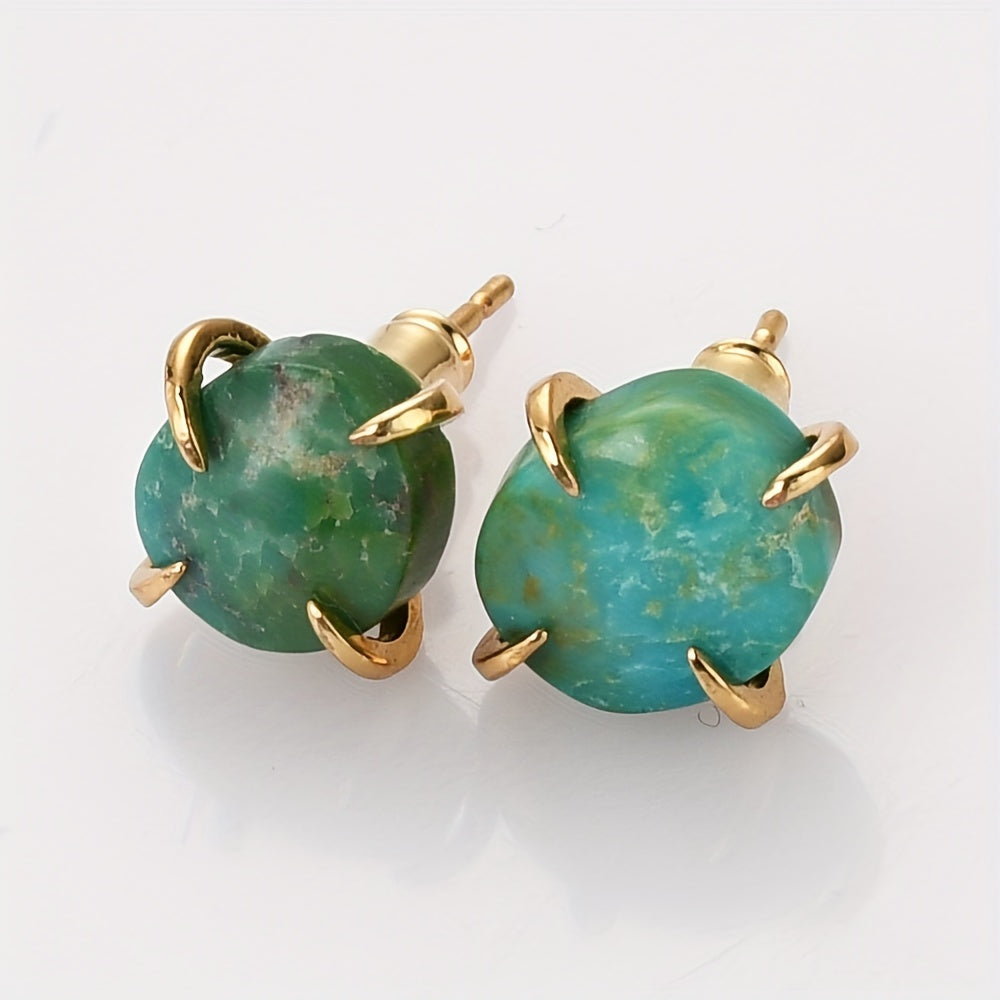 Pair of 14K Gold Plated Copper Stud Earrings with Natural Turquoise Stone, Boho Chic design, Perfect for Everyday Wear and Gifting.