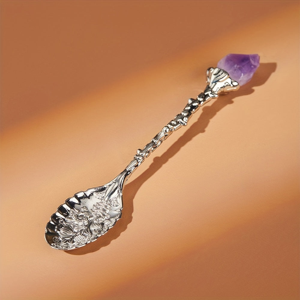 Set of four natural amethyst spoons featuring a tooth flower pattern and embossed design. Perfect for serving ice cream, desserts, stirring soup, cutting cake, and stirring coffee.