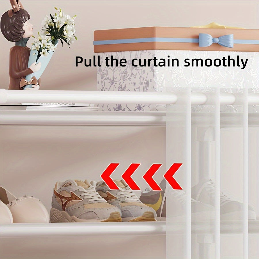 One-piece sturdy metal shoe rack with 5 layers of storage, complete with a door curtain for dustproof shoe storage. This simple and stylish shoe rack is perfect for organizing your living room, bedroom, dorm, or entrance. Keep your shoes neat and