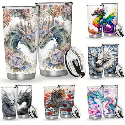 Stainless steel tumbler featuring a 3D dragon design, leak proof and BPA free. Vacuum insulated for outdoor activities. Ideal gift for holidays and birthdays.