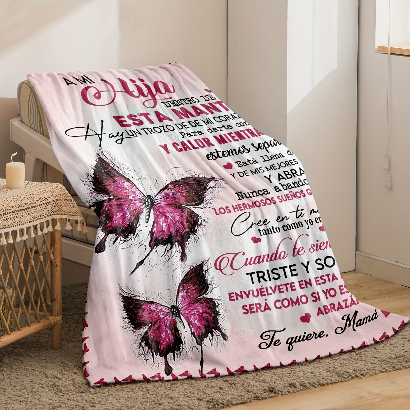 Pink Butterfly Print Spanish Letter Blanket for My Daughter from Mom - Birthday Gift, Warm and Cozy, Soft and Gentle on Skin Throw Blanket