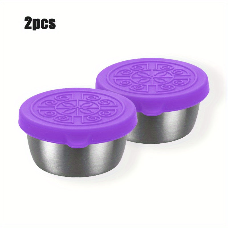 1pc/6pcs of 1.6oz reusable sauce cups with leakproof silicone lids, perfect for salad dressing on-the-go. Ideal for school, bento lunch boxes, restaurants, picnics, and travel. Stainless steel condiment cups.