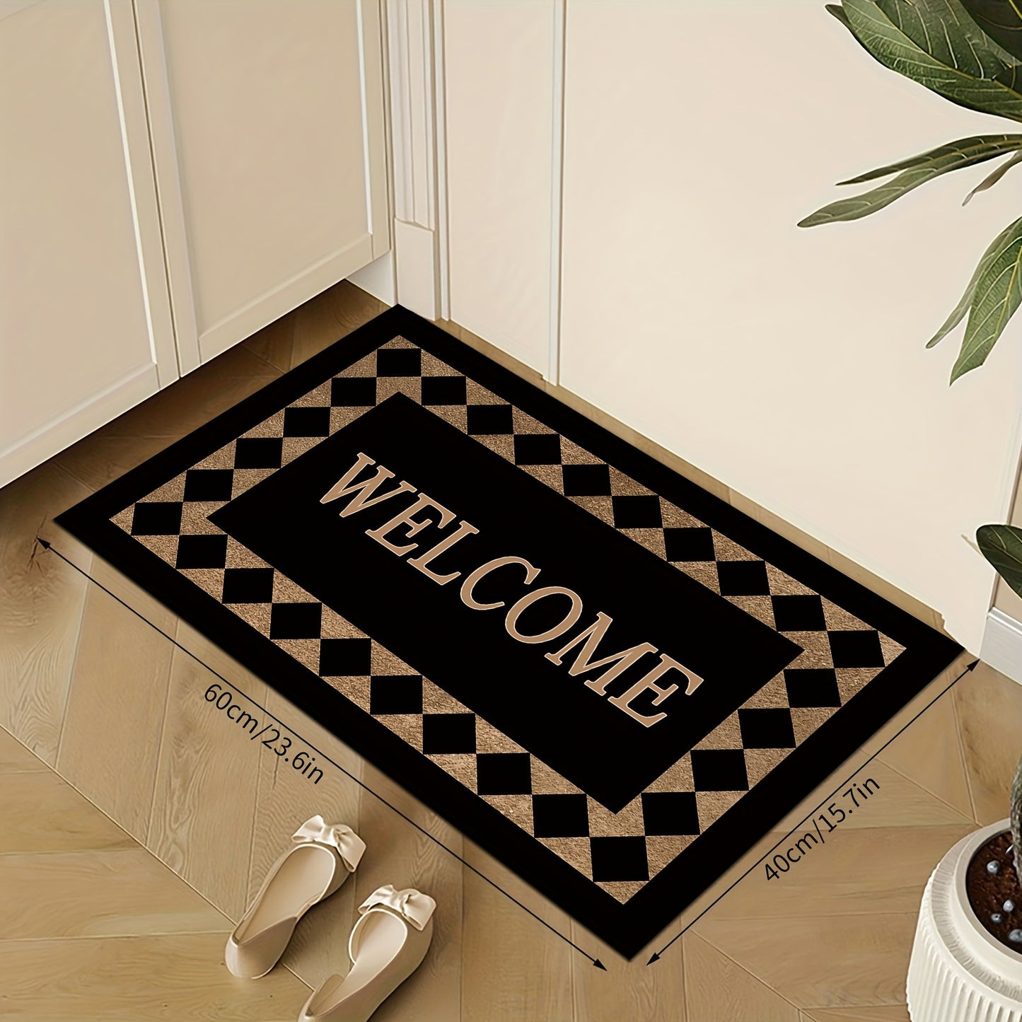 Modern fashion welcome doormat with machine washable, non-slip, and durable features. Made from 100% polyester for soft comfort. Perfect for entryway home decor.