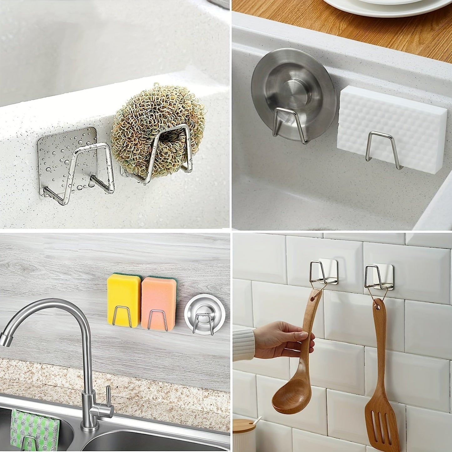 Modern stainless steel sponge holder that can be mounted on the wall in your kitchen sink. Features open storage, waterproof and rust resistant design, and can be easily installed without drilling.