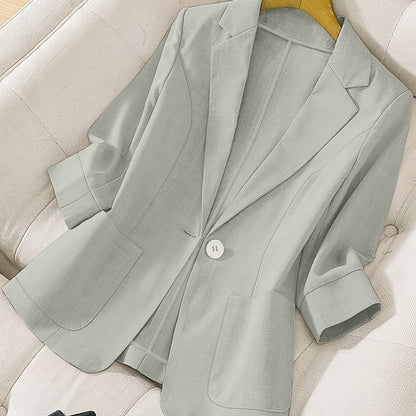 Women's lime green fashion blazer is single-breasted and made of lightweight polyester. Features a classic collar, two flap pockets, and a straight cut for spring/summer elegance.