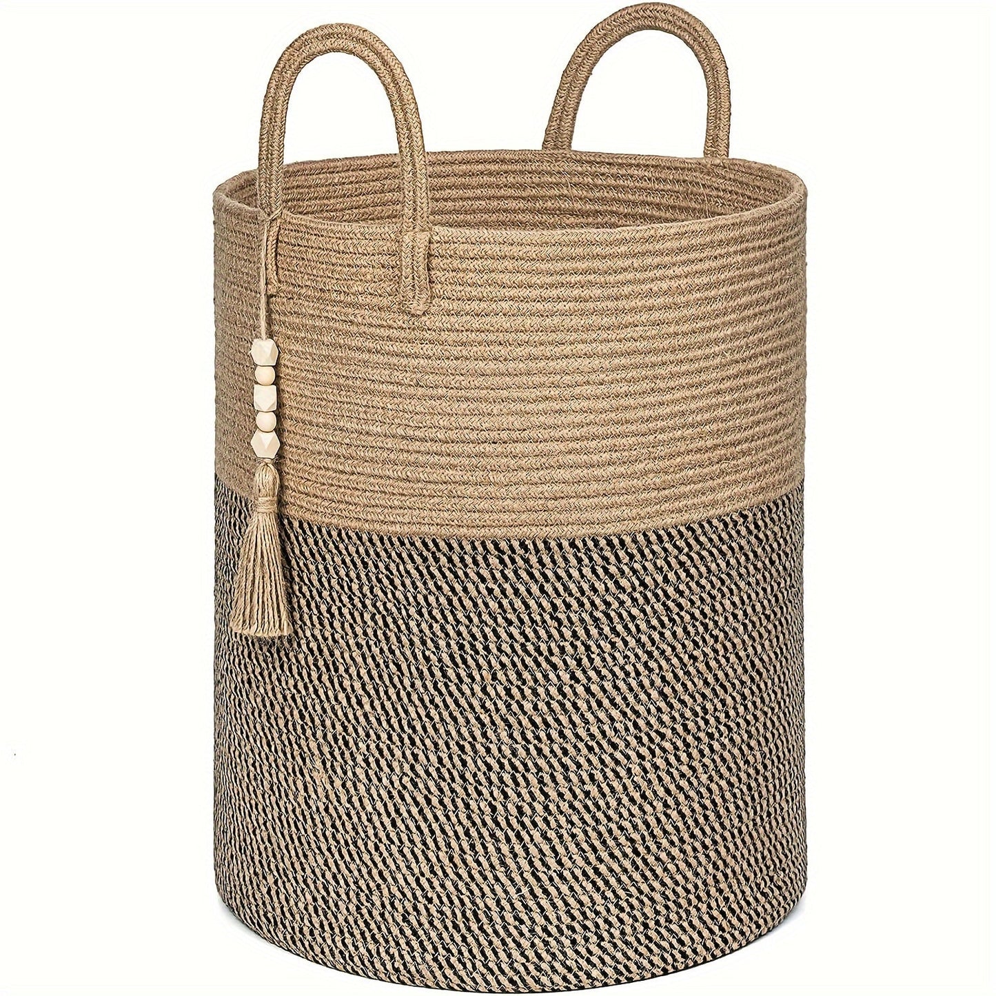 This tall laundry basket measures 40.64cm X 50.8cm and features a woven design with a convenient handle. It can be used as a blanket organizer in the living room, a storage basket for dog toys, or a decorative jute laundry hamper for clothes, pillows