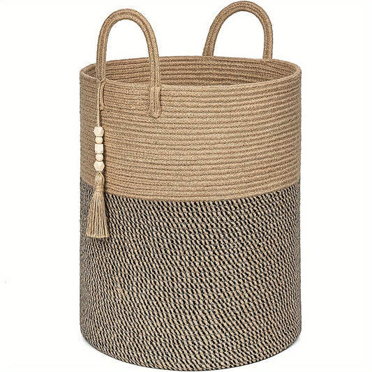 This tall laundry basket measures 40.64cm X 50.8cm and features a woven design with a convenient handle. It can be used as a blanket organizer in the living room, a storage basket for dog toys, or a decorative jute laundry hamper for clothes, pillows