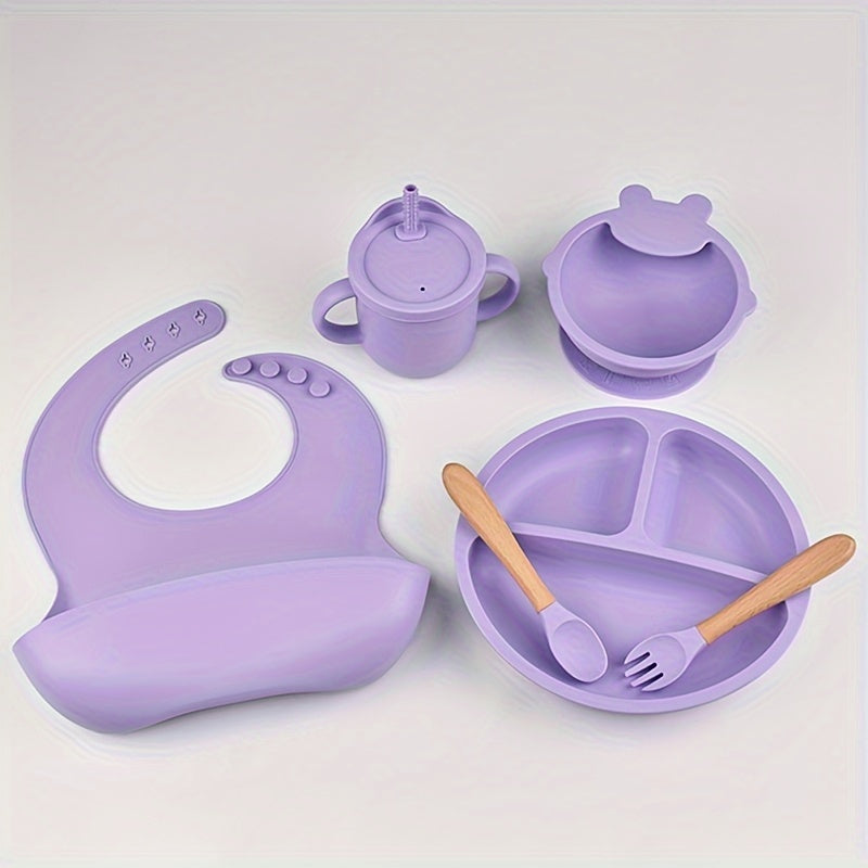 Ideal gift for holidays - Non-toxic silicone feeding set for toddlers aged 0 to 3 years, includes suction plate, bowl, divided dish, cup with straw, bib, and utensils, ensuring a safe and enjoyable mealtime for children.