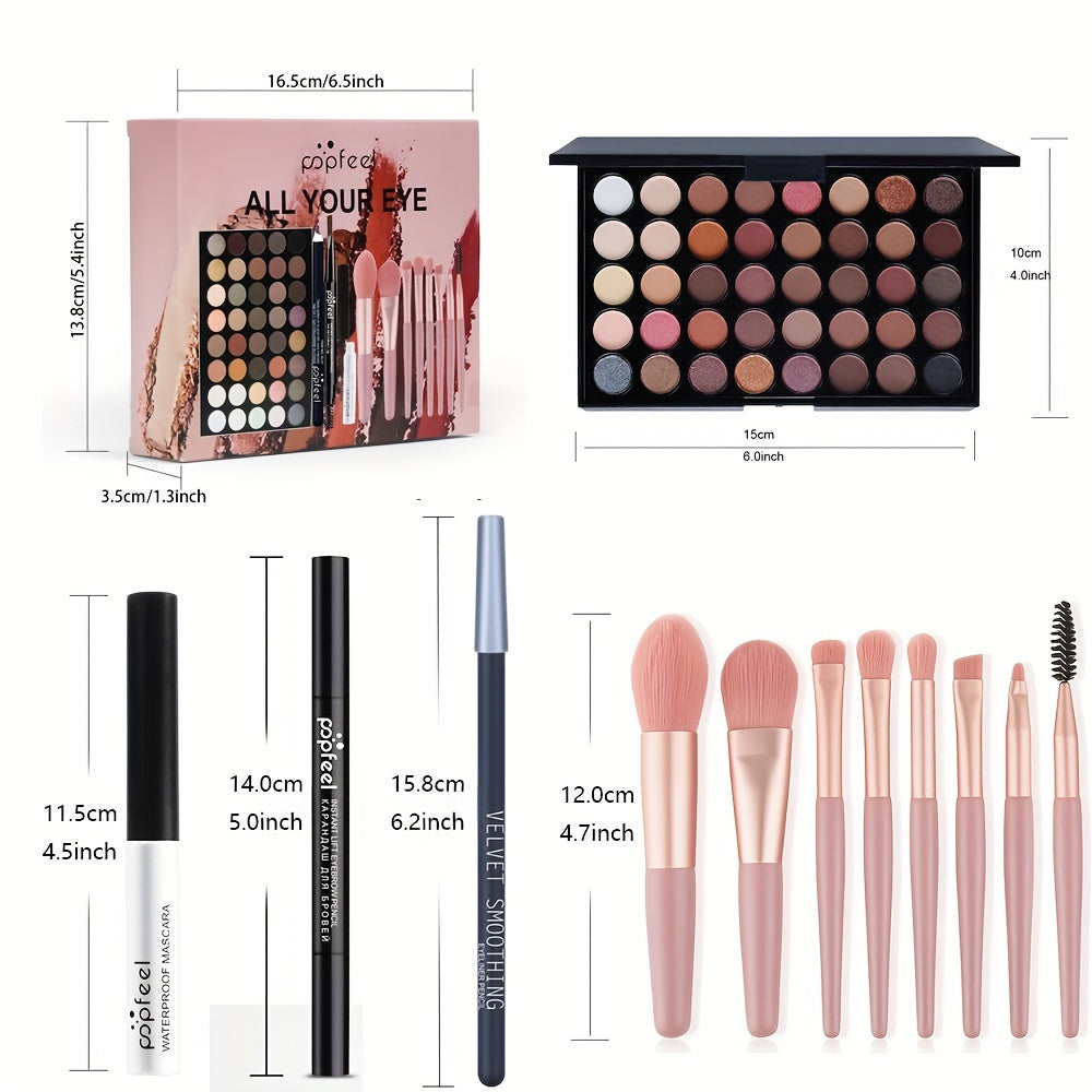 POPFEEL Eye Makeup Set including 40 Color Eyeshadow Palette, Mascara, Eyebrow Pencil, Eyeliner, and 8 Brush Set.