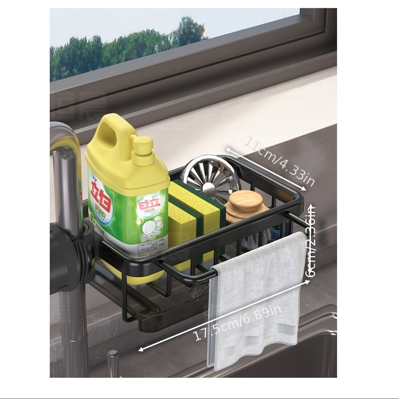 Introducing a versatile kitchen sink storage solution: a multifunctional hanging basket made of durable space aluminum. Complete with a convenient cloth holder and a draining tray, perfect for various household tasks.