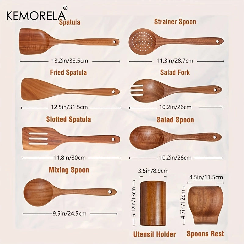 Set of 9 wooden spoons and utensils for cooking, complete with a utensil holder. Made from teak wood, this kitchen utensil set also includes a spoon rest. Perfect for all your cooking needs.