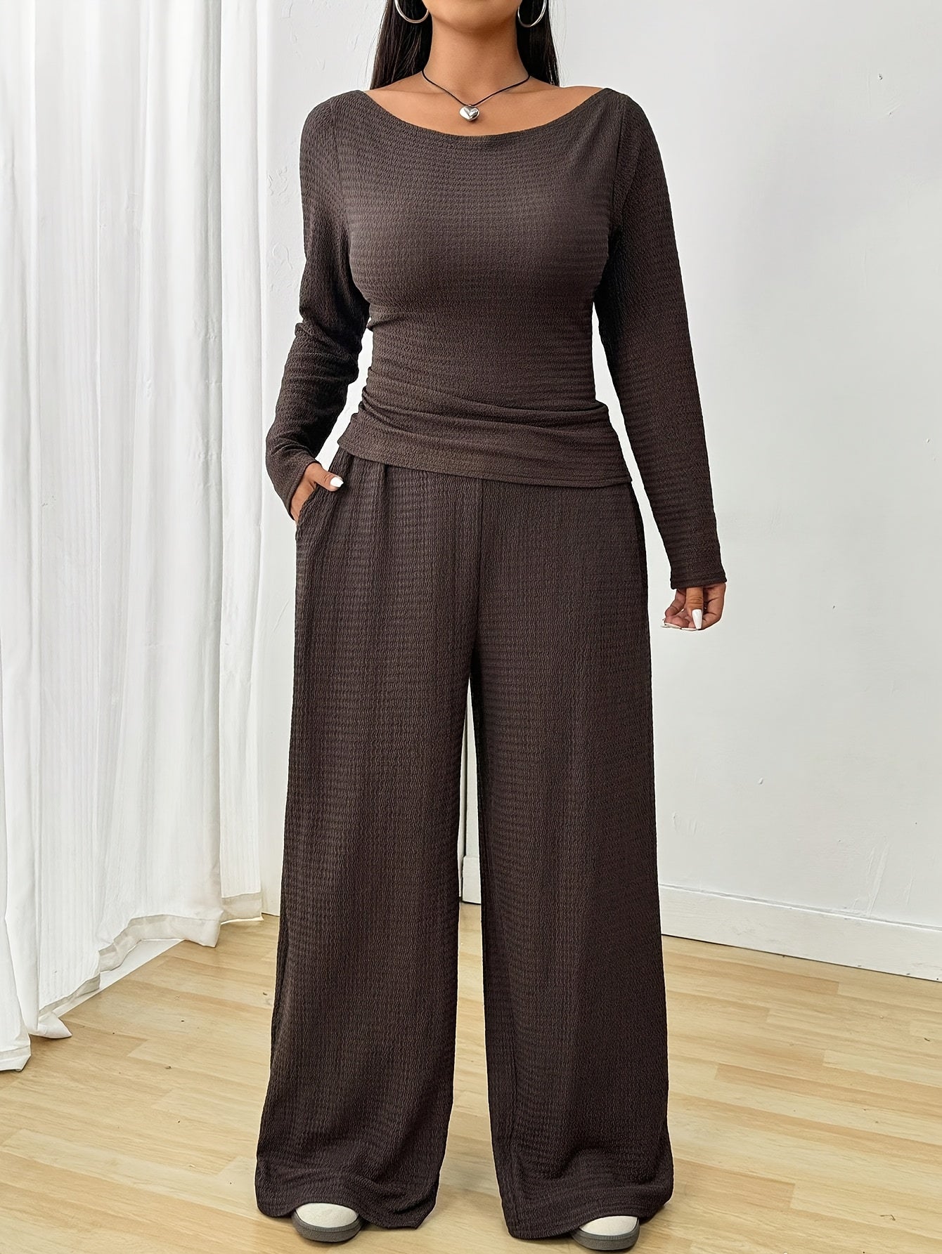 Women's Spring/Autumn Plus Size Round Neck Top with Long Sleeves and Elastic Waist Casual Pants Set