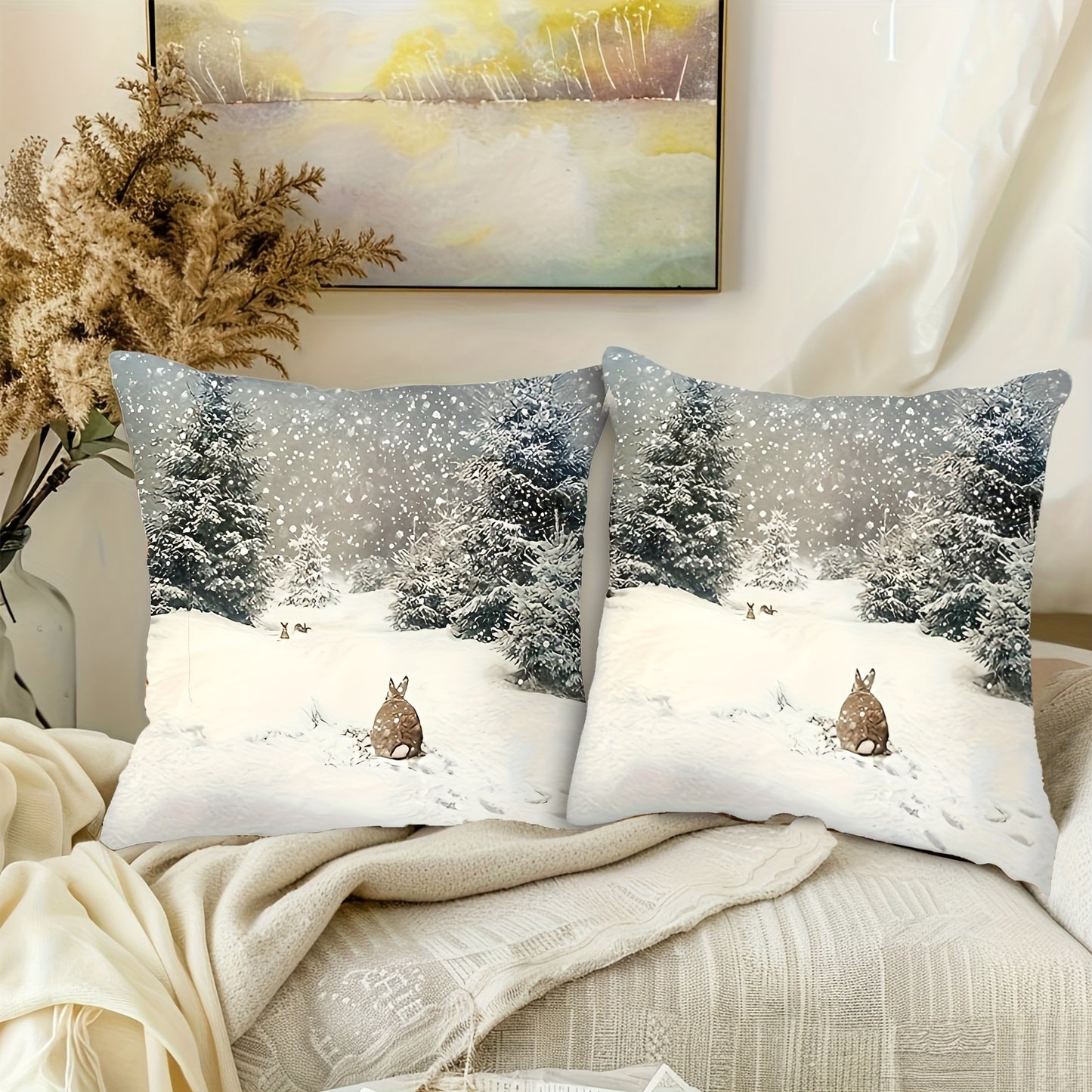 1pc Christmas pillowcase featuring a snow-capped winter landscape with a rustic pine white rabbit design, ideal for farmhouse-style home décor in bedrooms, living rooms, sofas, terraces, and porches. Measures 45.72 * 45.72 cm and does not include pillow