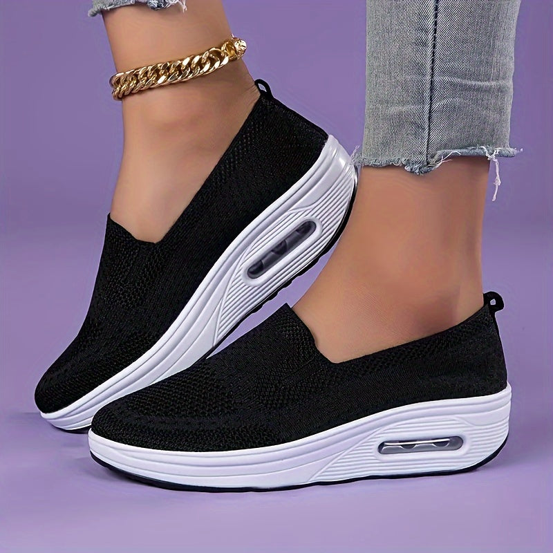 Women's slip-on sneakers from the Spring Collection in solid colors of black, light gray, pink, and dark blue. Features breathable knit fabric, air cushion sole, and low-top design for