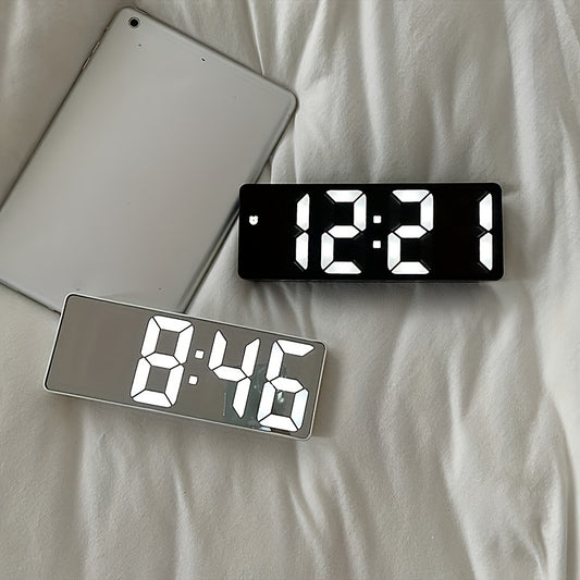 Smart LED desk alarm clock with voice control, silent alarm, snooze function, and wake up alarm.