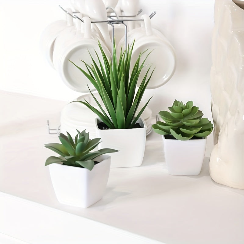 3 fake potted succulents for indoor décor in living room, office, bedroom, or hotel.