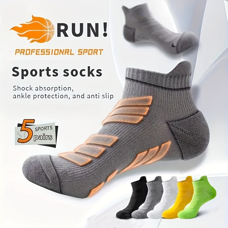 5 pairs of men's sports socks with anti-slip, thick towel bottom, breathable fabric, shock absorption, ankle support. Made of 90% polyester and 10% spandex for basketball, running