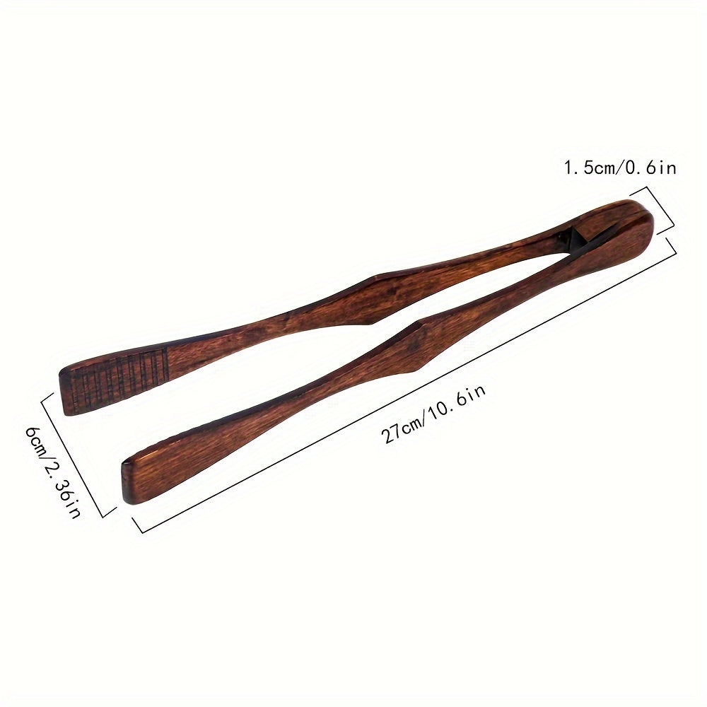 High temperature resistant wooden food tong ideal for various foods - steak, fruit, bread, rotisserie, barbecue, salad, dessert, sugar, ice cream, noodles, and pasta in the kitchen.