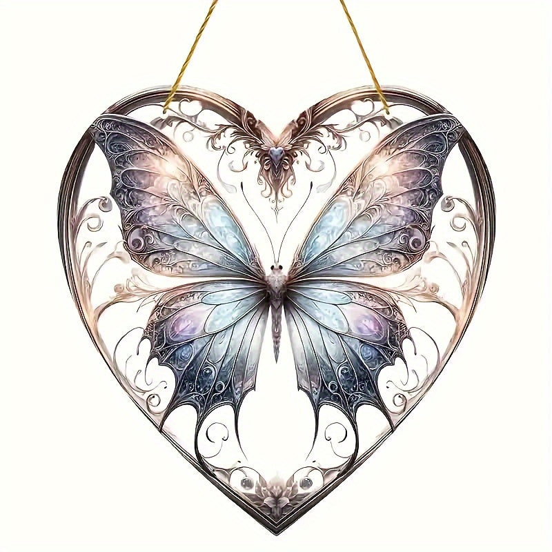 Glass window decoration pendant chain featuring a heart butterfly pattern, perfect for hanging in any room of the house as a beautiful and unique decoration. This versatile piece can be used in the bedroom, living room, kitchen, balcony, hallway, or