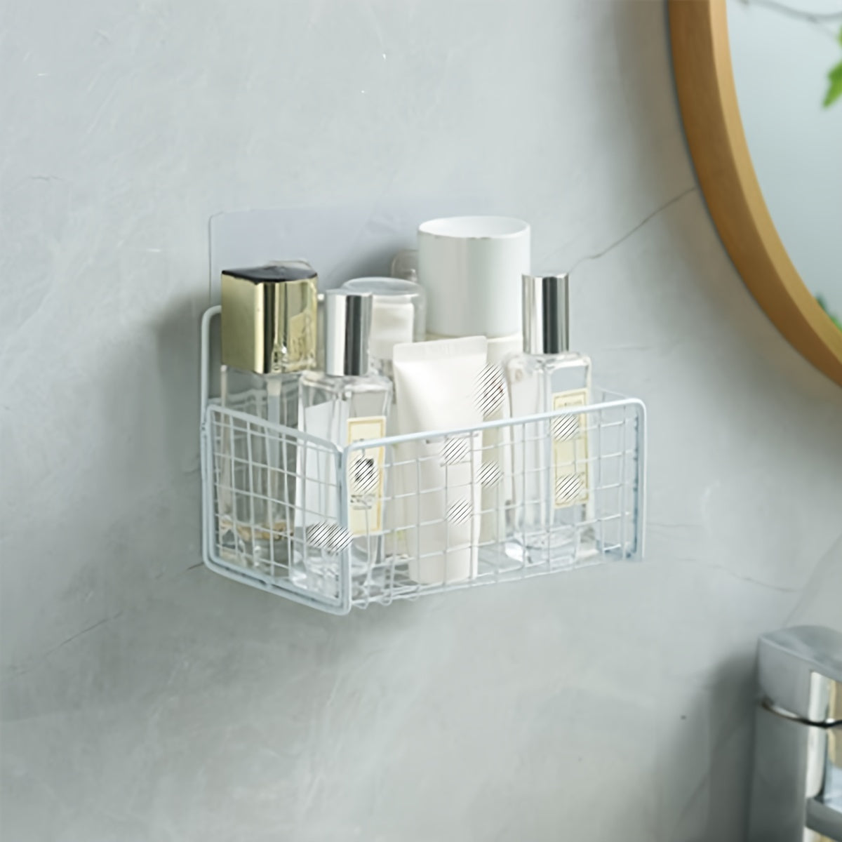 Wall-mounted bathroom storage rack for toiletries and hand washing without the need for punching.