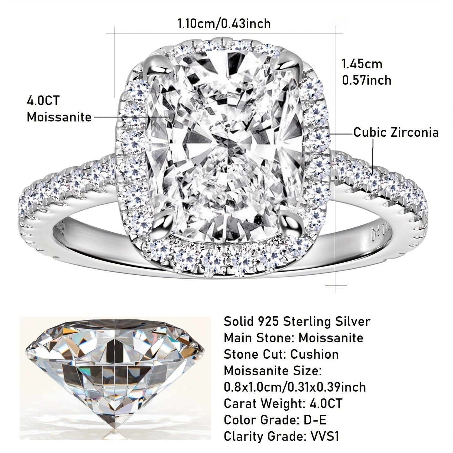 Elegant 4CT Moissanite Engagement Ring - US10 Size, VVS1 Clarity, D-E Color, 925 Sterling Silver with Halo Diamond Setting & Cubic Zirconia Side Stones, High-Polished, Ideal for Weddings & Anniversaries.