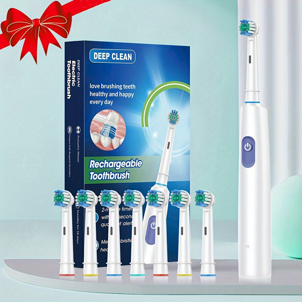 Round electric toothbrush with 8 brush heads, USB-C charging, 5 modes, including a super fast cleaning mode - great gift for family and friends.