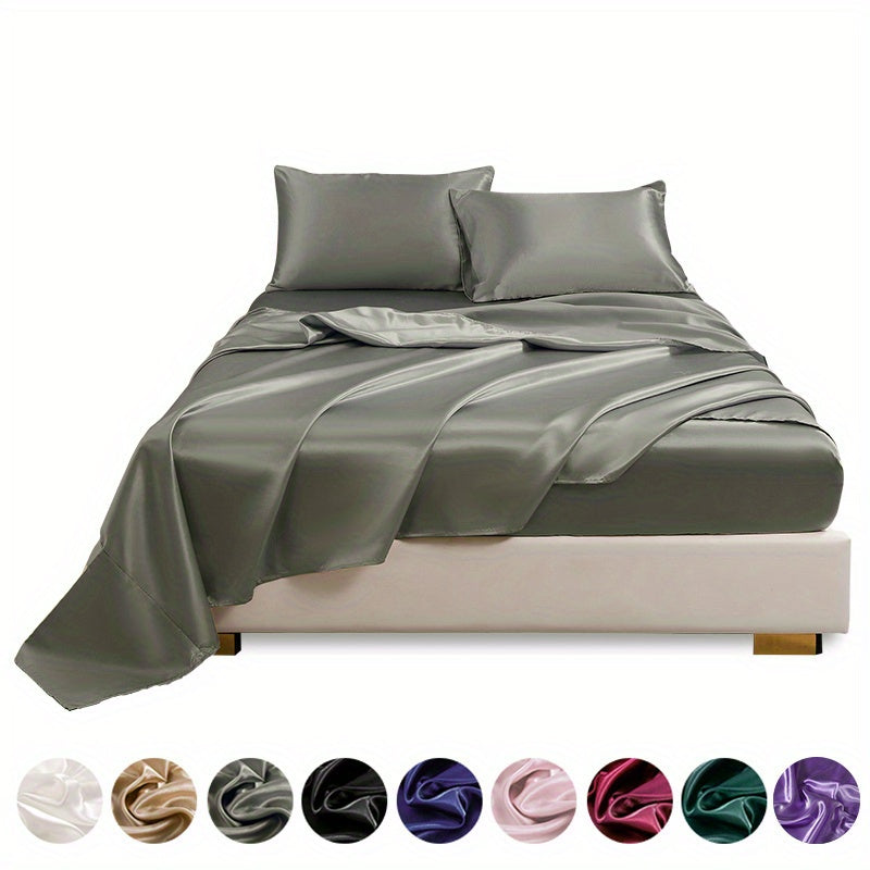 4 pieces of polyester satin solid fitted sheet set includes 1 fitted sheet, 1 flat sheet, and 2 pillowcases, available in Twin, Full, Queen, or King sizes.