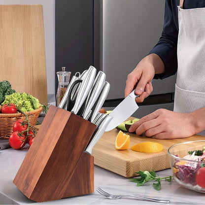 The perfect gift for any occasion - Acacia Wood Knife Block with 14 slots to hold all your essential knives including 6 steak knives, chef knife, bread knife, santoku knife, utility knife, and even space for knife sharpening and scissors. This countertop