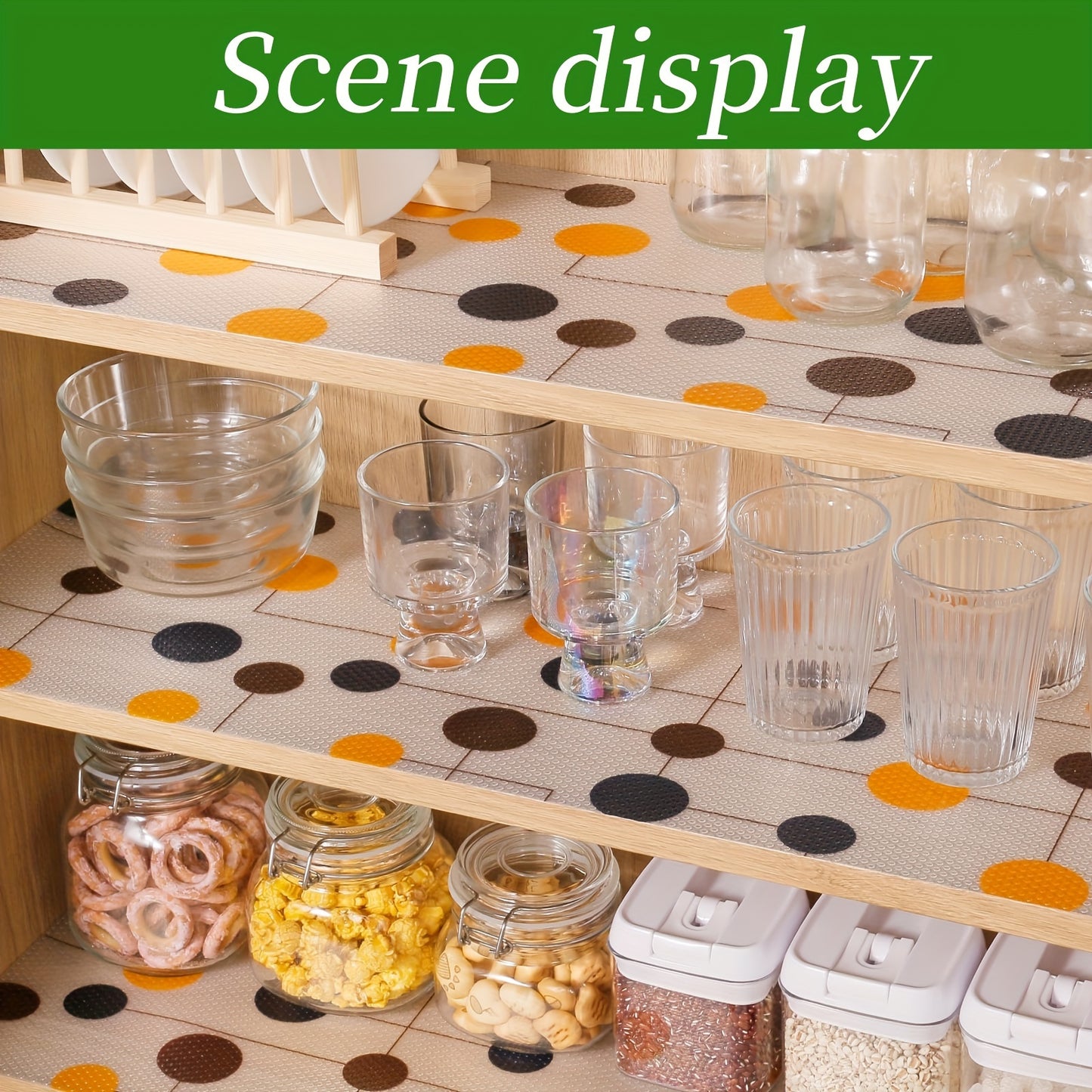 Vinyl kitchen cabinet liner with EVA material and patterned print, ideal for moisture-proof, dust-proof, non-slip shelf and drawer protection. Perfect for kitchen storage supplies and fridge table pads.