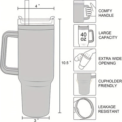 Reusable 40oz stainless steel tumbler with straw, double wall insulation, and handle. Great gift for teachers.