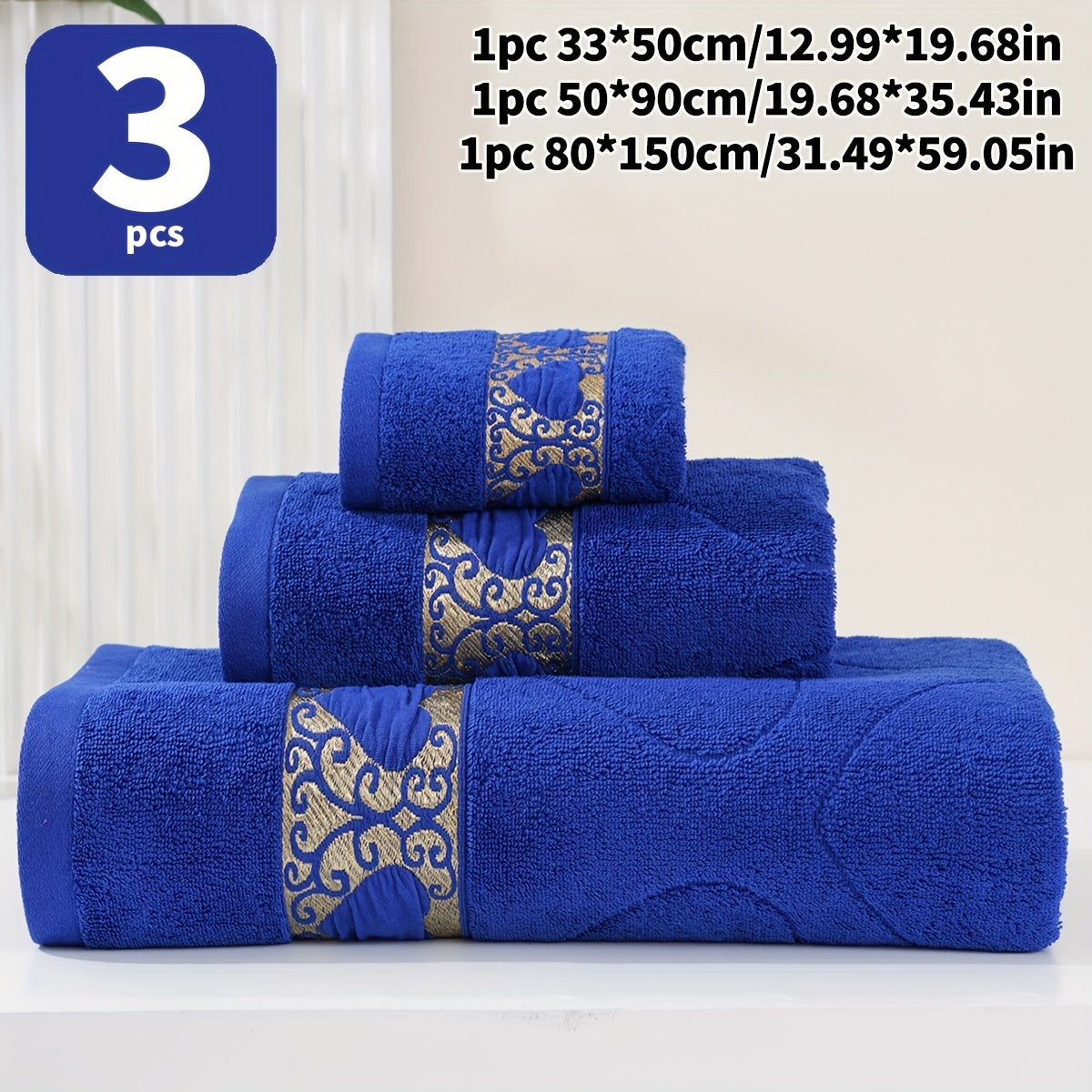 3-piece 100% Cotton Jacquard Towel Set, includes washcloth, hand towel, and bath towel. Absorbent, Quick-drying, Super Soft, and Skin-friendly. Ideal for home bathroom.