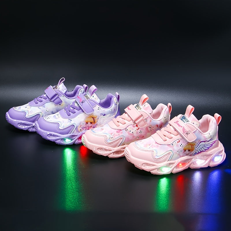 Girls' low top running shoes with glittering design, buckle closure, and lightweight microfiber synthetic construction for kids aged 14 and under.