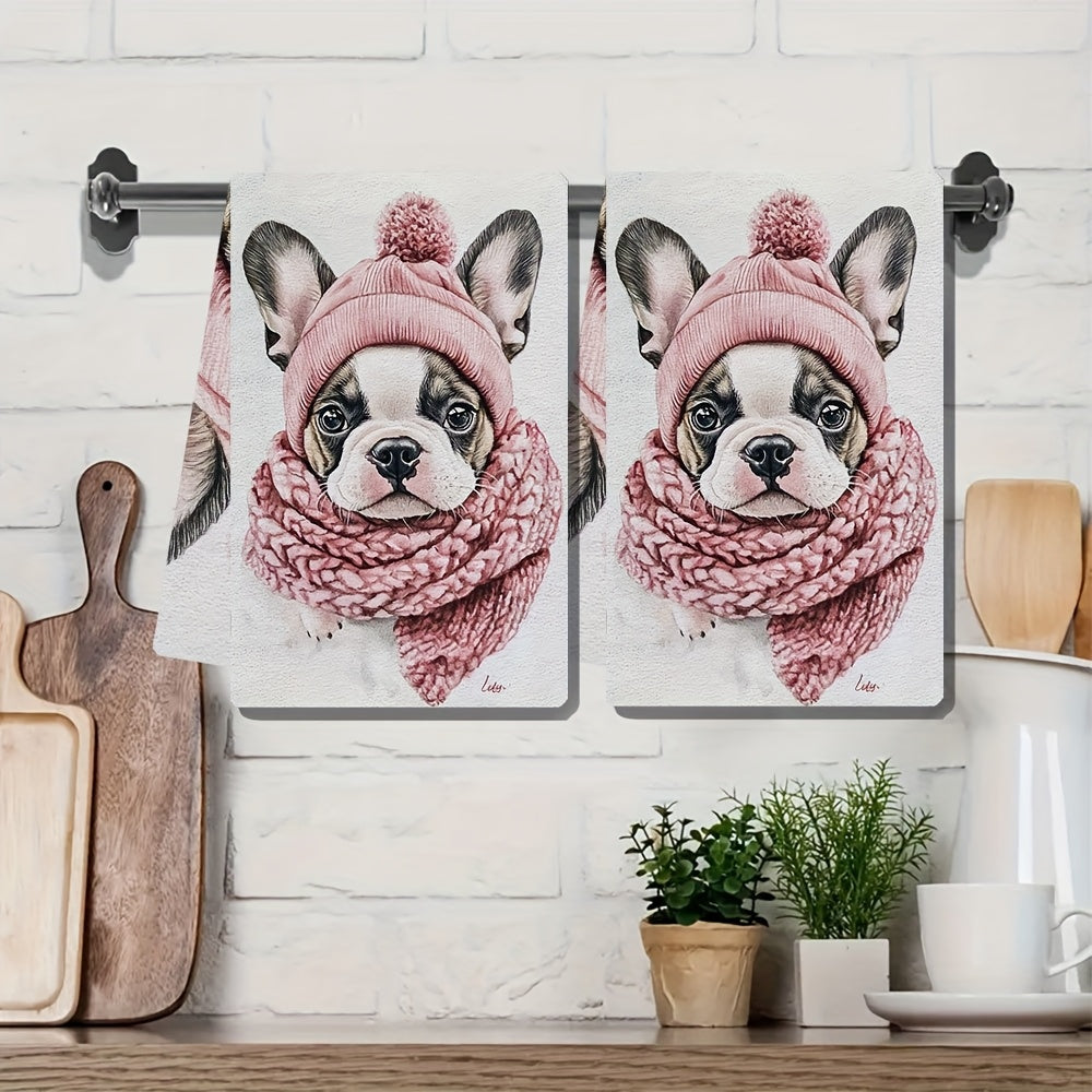 Set of 2 Ultra Soft Kitchen Towels featuring a Cute French Bulldog Puppy with Pink Hat & Scarf, Excellent Absorbency & Easy Care, Perfect for Valentine's Day Decor, Size 40.64x60.96 cm, Dish Towels