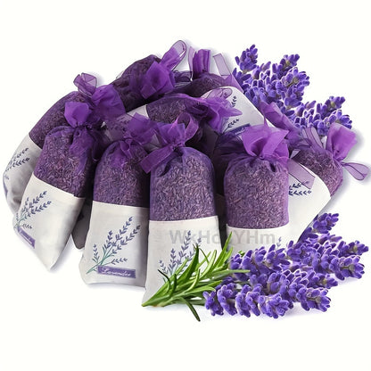 5-Pack lavender scented yarn bags with wooden sachets for car, drawer, and wardrobe; non-electric fresh perfume home fragrance bags in purple color.