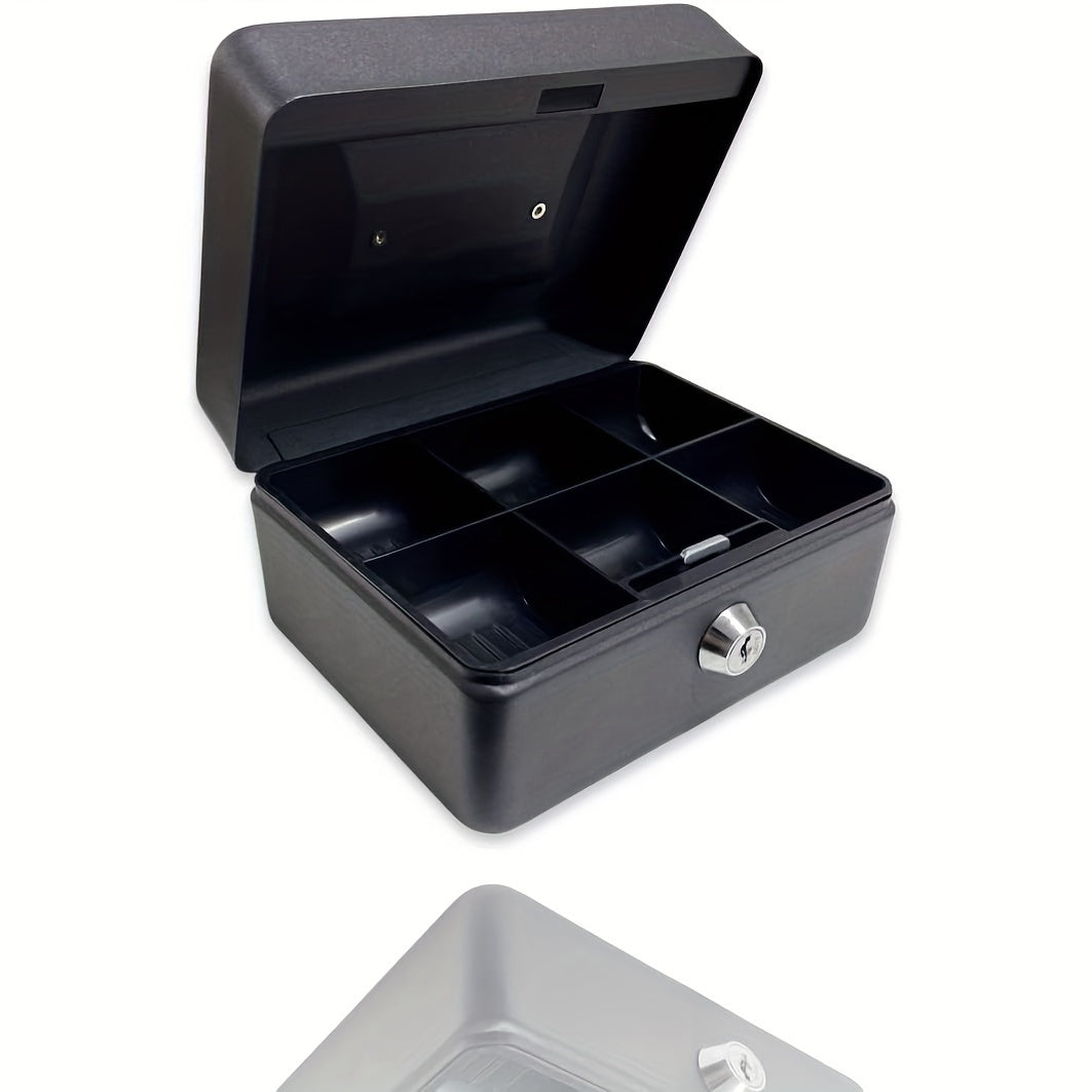 Waterproof 6-inch glossy black cash box with small iron key lock, measuring 15 * 12 * 9 cm and including a money tray for security.