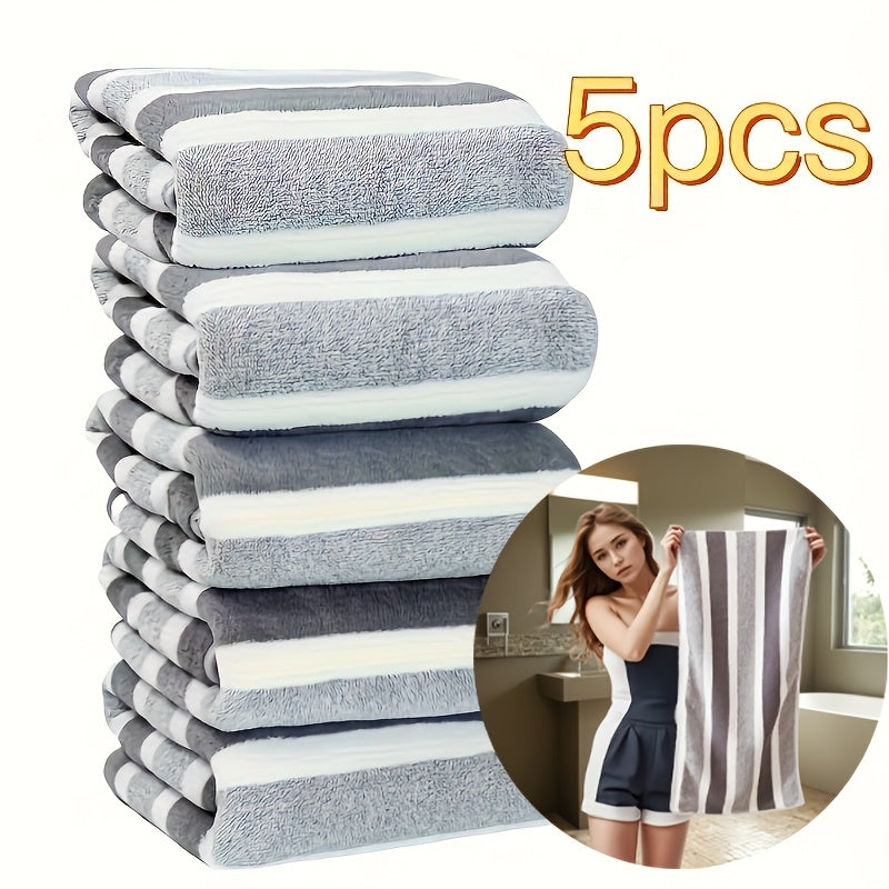 Soft coral fleece towel set includes 5 pieces, quick-dry and striped for various uses, made of premium polyester fabric weighing 280gsm.